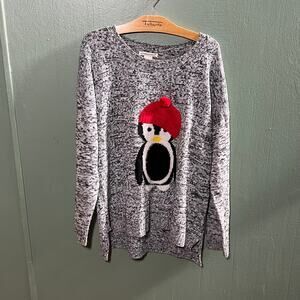 Reference Point XL Penguin Holiday Sweater Gray Marled Acrylic Knit